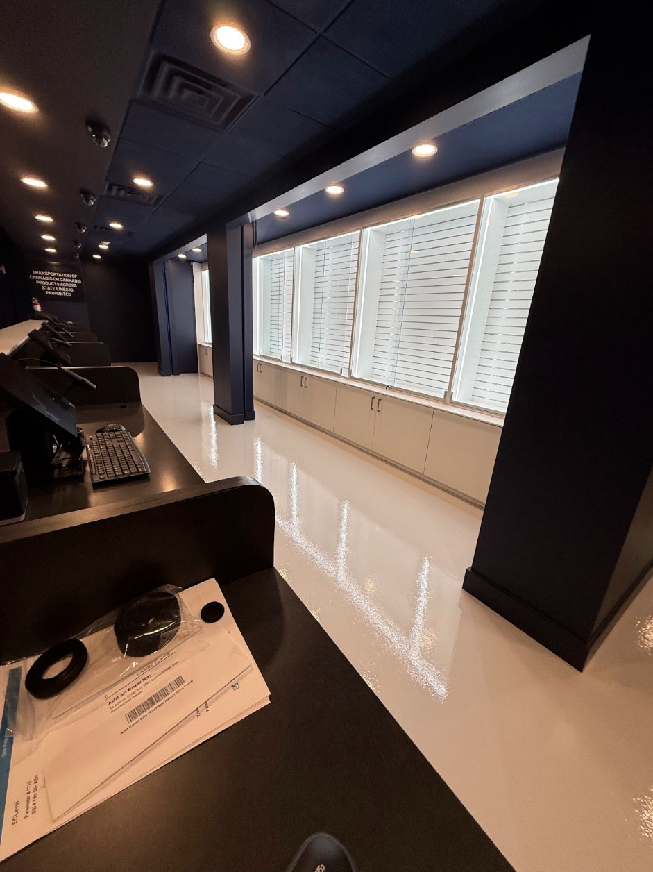 High-gloss white commercial workspace floor